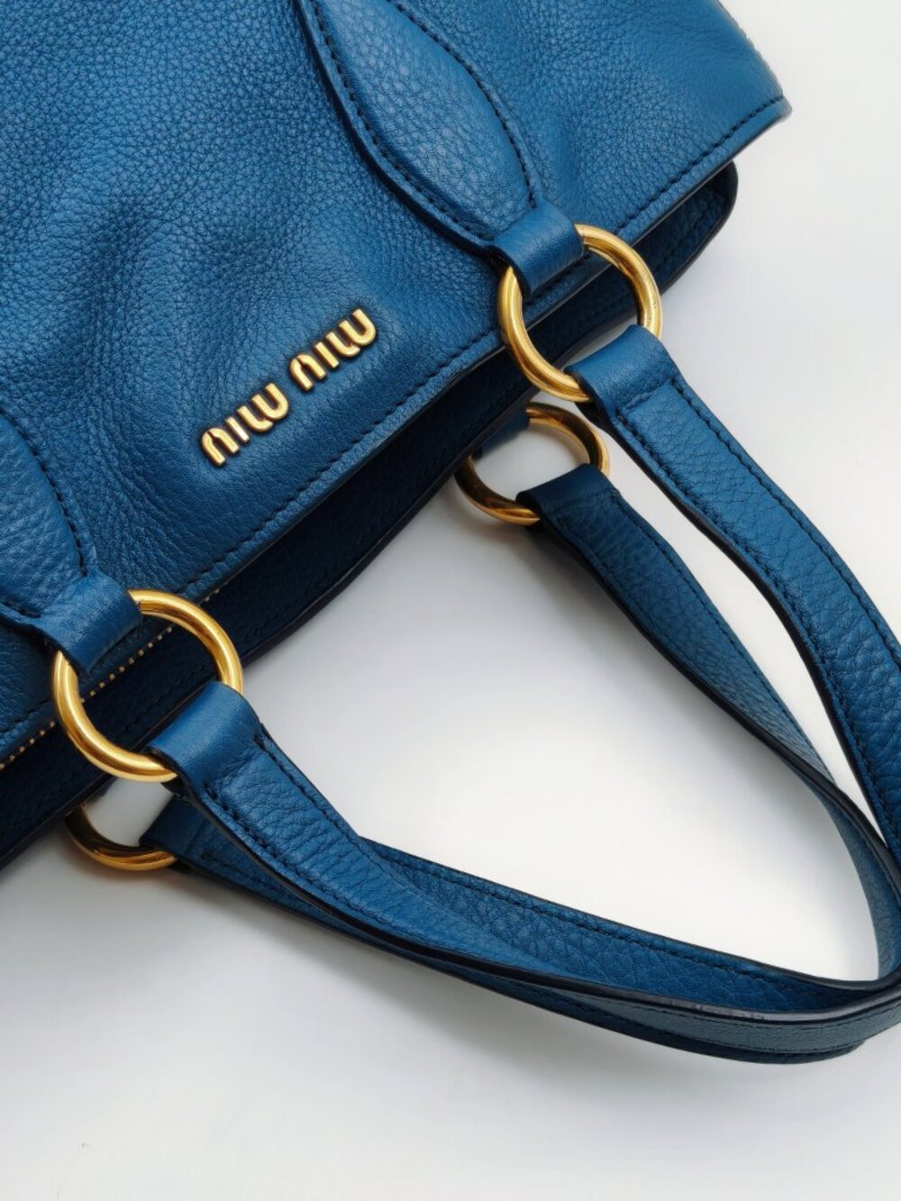 Miu Miu Blue Pebbled Leather Tote Shoulder Bag Gold Hardware - Picture 12 of 15